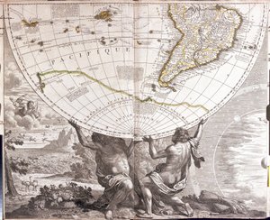 Two men support the earthly globe, with the map of South America by Jean Baptiste Nolin