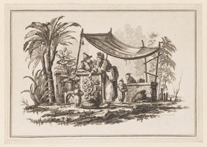 Figures with a Vase of Flowers, from "Nouveau Cahier de Six Feuilles De Différents Sujets Chinois Historiés" by Jean Baptiste Pillement