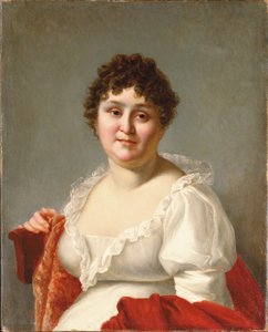 Portrait of Madame Regnault, bust-length, in a white dress and persimmon shawl by Jean Baptiste Regnault
