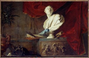 Allegory of the Arts Still life sculpted bust, palette and brushes, canvas, roller