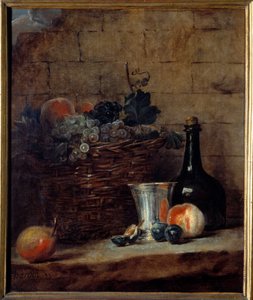 Basket of White and Black Grapes, Silver Cup and Bottle