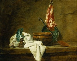 Beets, a Spice Box, a Dishcloth, a Pot, a Glazed Earthenware Plate, a Skimmer, with Meat on a Hook, on a Ledge by Jean Baptiste Simeon Chardin