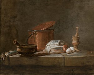 Leeks, a Casserole with a Cloth, a Copper Pot and Cover, an Onion and Eggs with a Pestle and Mortar, on a Stone Ledge by Jean Baptiste Simeon Chardin