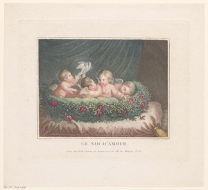 Four Putti with Two Doves in a Basket of Roses on a Cushion