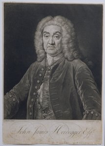 Portrait of John James Heidegger (1666-1749), Swiss impresario in London, engraved by John Faber (1684-1756), 1749