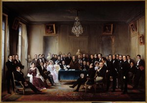 The poet and playwright Francois Guillaume Andrieux reading his tragedy Junius Brutus in the foyer at the Comedie Francaise on 26/05/1828. Among the presents Alexandre Dumas, Pierre Nicolas Michelot, Jean Francois Becquerel, Firmin, Victor Hugo, Eugene by Jean Beraud