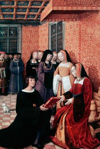The poet Jean Marot handing over his work Voyage to Genoa to Anne of Brittany, ca 1508, miniature by Jean Bourdichon by Jean Bourdichon