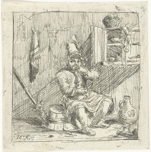Man Sitting in the Kitchen on an Upside-Down Tub Eating