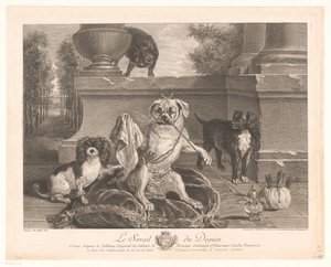 Three Dogs, One Dressed Up, on a Patio (title on object: Le Serrail du Doguin) by Jean Daullé