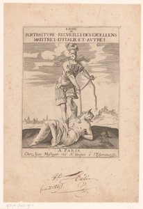 Minerva Binding Stupidity with a Rope (Title Page for: s.n., Livre de Portraiture Receuilli des Excellens Maistres d’Italie et Autres, ca. 1627) by Jean Dubrayet