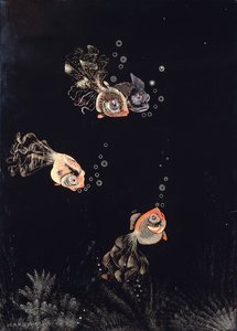 A lacquered panel by Jean Dunand, depicting an underwater scene with red and gold fish blowing air bubbles