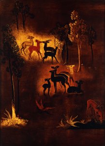 A panel decorated with deer in a wooded landscape
