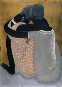 Two ladies seated with their arms about one another, their heads inclined
