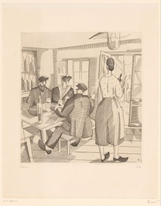 Café Interior with Customers and Waitress (Cabaret Vendéen) by Jean Emile Laboureur (signed by artist)