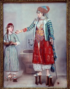 Orientalism: Franco lady clothed with the Turkish and her slave. The two women wear wooden platforms used in the hammam by Jean Étienne Liotard
