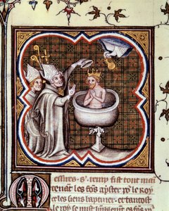 Baptism of Clovis by Saint Remy at Reims in 496: the Holy Spirit brings the holy bulb containing the holy chrism used for the anointing of kings. Miniature in Grandes Chroniques de France by Jean Fouquet by Jean Fouquet