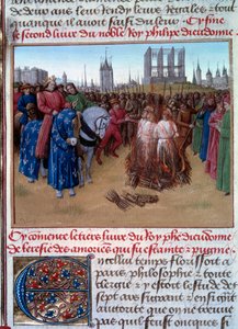 Condemnation and torture of the Amauricians (supporters of Amaury de Chartres) in the presence of Philip II known as Philip Augustus. Manuscript Grandes Chroniques de France (Folio 236)