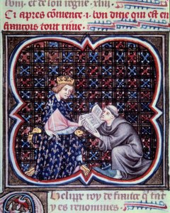 Primate presenting the text of the great chronicles of France to Philip III. Miniature from the manuscript by Jean Fouquet 