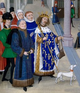 (detail) Le roi saint Louis (Louis IX) preparing to depart overseas. Miniature from “Les Grandes Chronicles” by Jean Fouquet