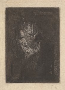 Two Women Sewing by Lamplight, ca. 1853