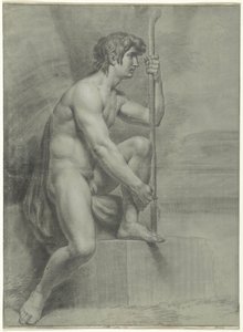Seated Male Nude with Staff and Raised Left Leg by Jean Grandjean