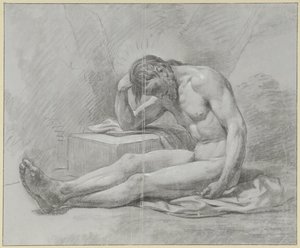 Sitting Male Nude, on the Ground, Leaning on a Block with Right Arm by Jean Grandjean