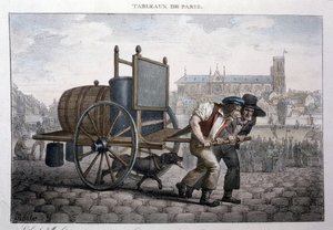 Former street metier in Paris: bath at home (two men pull a cart with a barrel filled with water). Engraving by Jean Henry Marlet in 