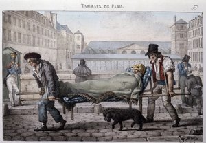Former street metier in Paris: the poor patient leads to the hospital by the stretchers. Engraving by Jean Henry Marlet in 