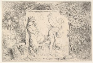 A bas-relief depicting a satyr at left holding two infants, another child satyr to right... by Jean Honore Fragonard