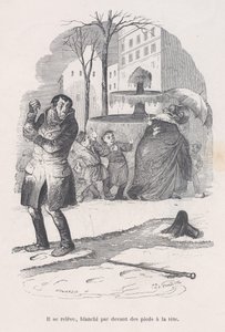 He gets up, covered from head to toe in snow, from the Little Miseries of Human Life, 1843 by Jean Ignace Isidore Gérard
