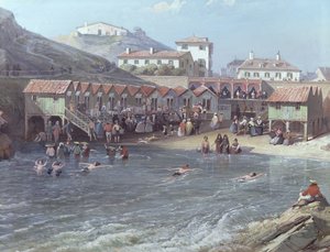 The Beginning of Sea Swimming in the Old Port of Biarritz, 1858 (detail) by Jean Jacques Alban de Lesgallery