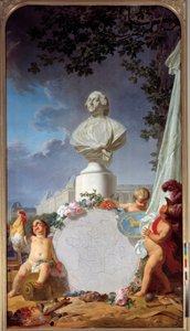 Scholarly Europe Allegorical representation of the glory of France, the bust of Louis XVI dominates a map of French possessions, a rooster, angelots and symbols of arts and sciences