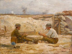 Two British officers playing cards outside their dugout, Secteur de Bapaume