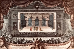 The Imaginary Invalid by Moliere in Versailles (coloured engraving)