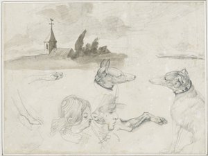 Sheet of Sketches: Greyhounds; A Male and a Female Head