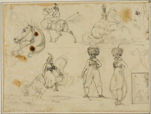 Sheet of Sketches: Soldiers, Horses and a Landscape by Jean Louis André Théodore Géricault