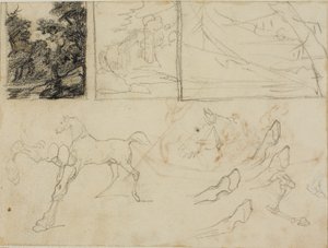 Sheet of Sketches: Three Landscapes, Horses, and Hooves by Jean Louis André Théodore Géricault