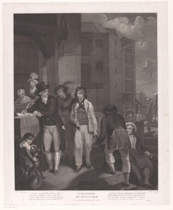 Group of Figures in Front of a Warehouse in a Harbor