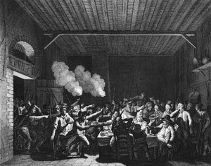 French Revolution: The Patriots of Varennes enter the Grocer Sauce and recognize King Louis XVI on flight by Jean Louis II (after) Prieur