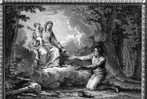 Truce of the Lord under Henry I in 1004: The Virgin appearing at the Timberman, near Puy-en-Velay (Haute Loire), gives her a medal and orders her to work for Peace: this is the starting point of the Truce of God set up in 1044. Engraving.