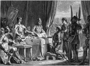 Charles Martel, King of the Francs, distributes the goods of the Church to his soldiers, 718. Engraving by Jean Michel Moreau, dit Moreau le Jeune