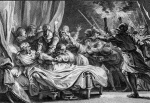End of the Carolingian dynasty, 988: arrest of Charles (953-991), Duke of Lower Lorraine, by Hugues Capet (941-996) and his army. Engraving by Jean Michel Moreau, dit Moreau le Jeune (1741-1814)