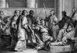 Erispoe (died 857), King of Brittany, received the ornaments of the kingdom from the hands of Charles II the Bald (823-877), 851. Engraving by Jean Michel Moreau, called Moreau the Younger (1741-1814)