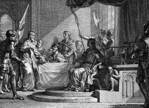 Interregnum of Charles Martel, 737: Charles Martel, mayor of the Palace, interregnum after the death of Thierry IV (713-737). Engraving by Jean Michel Moreau, dit Moreau le Jeune (1741-1814)