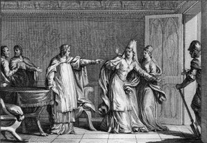Louis V the Faineant (966-987), King of the Franks, expels his mother, Queen Emma of Italy (945-988), accused of poisoning her husband, King Lothaire (941-986), 987. Engraving by Jean Michel Moreau, dit Moreau le Jeune (1741-1814)