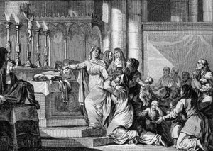 Sainte Bathilde (or Batilde, Bathylle, Beaudour) (626-680), Queen of the Francs and widow of Clovis II, decided to take the veil in the monastery of Chelles in 665. His subjects try to stop him. Engraving by Jean Michel Moreau, dit Moreau le Jeune (1741-18