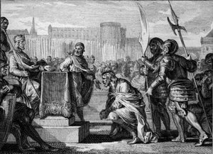Tassilon III, Duke of Bavaria, prostrates to Charlemagne at Ingelheim, 788. Engraving by Jean Michel Moreau by Jean Michel the Younger Moreau