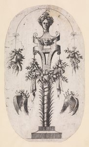 Design for a Term with the Head of Woman, Strapwork and Trophies by Jean Mignon