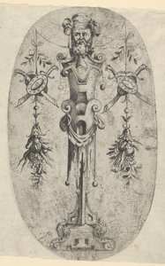 Male Terminal Figure, Head with Beard and Turban on a Three-Quarter Strapwork Pedestal by Jean Mignon