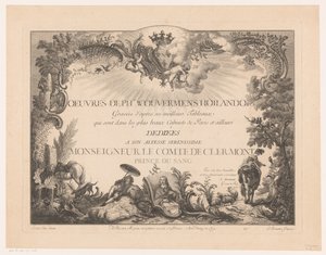 Title Print with Figures and Animals in a Landscape, with the Portrait of Philips Wouwerman (Prenten naar schilderijen door Philips Wouwerman)